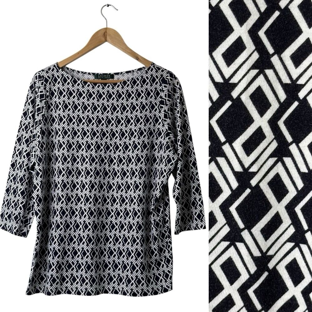 Lauren Ralph Lauren Top Womens 1X Navy White Modal Cotton Pullover 3/4 Sleeve